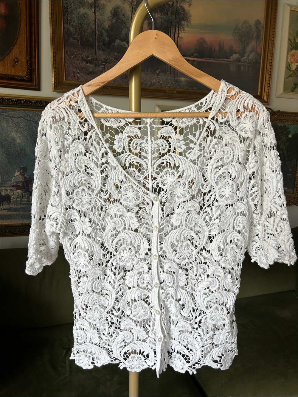 Vintage Women's White Crochet Lace Button-Front Top